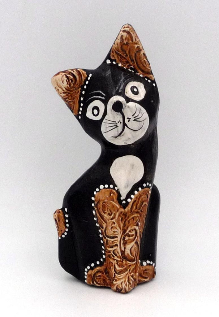 Chat en bois peint déco ethnique artisanat Bali 12,5 cm