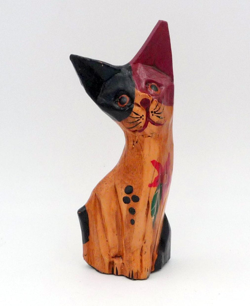 Chat en bois peint motif fleur atisanat Bali 11,5 cm