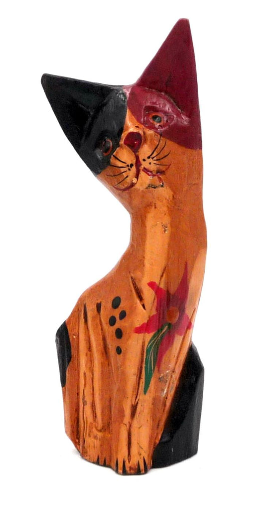 Chat en bois peint motif fleur atisanat Bali 15 cm