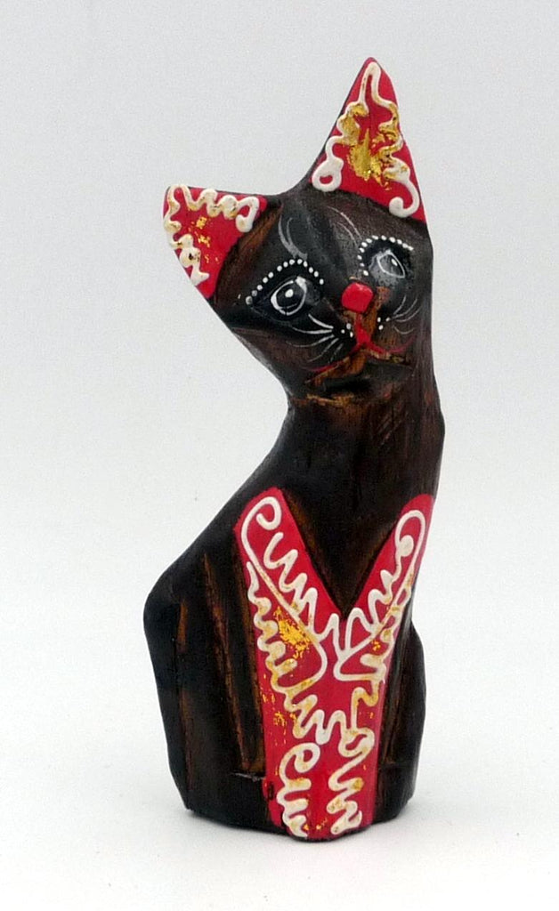 Chat rouge en bois peint artisanat Bali 11 cm