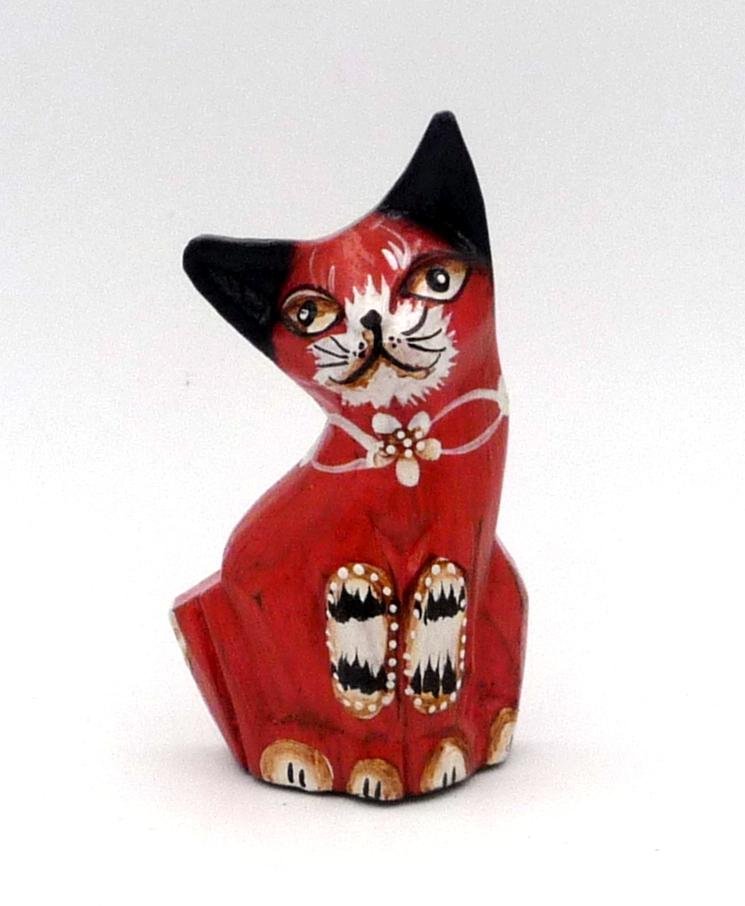 Chat orange en bois peint artisanat Bali 9,5 cm