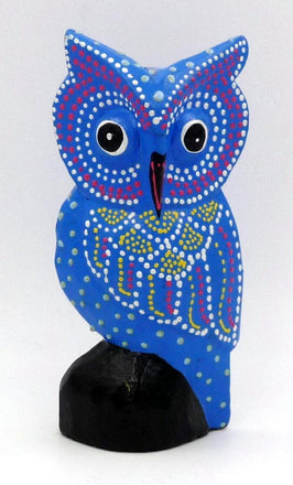  CHOUETTE HIBOU BLEU EN BOIS PEINT 14,5 CM
