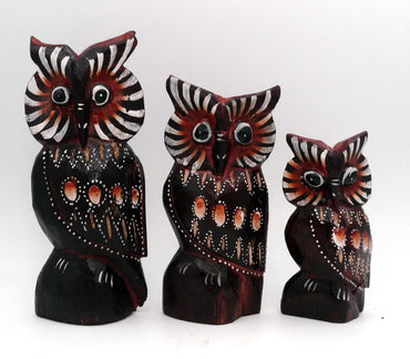 Famille de 3 chouettes hibou en bois peint artisanat Bali