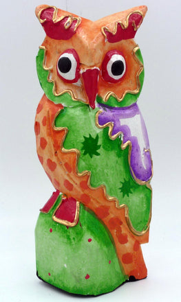  CHOUETTE HIBOU MULTICOLORE EN BOIS PEINT 18 CM