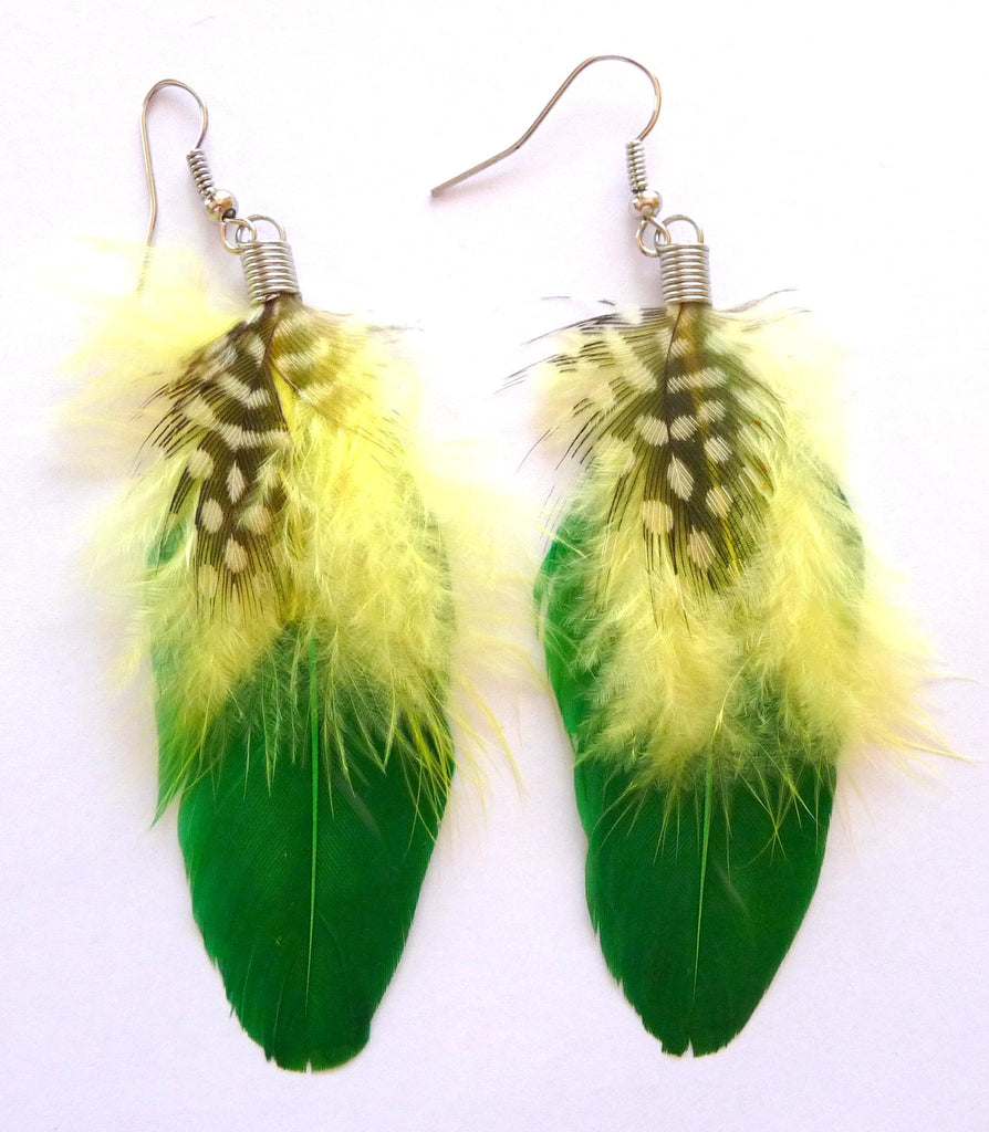 Boucles d'oreilles plume Amérindienne Apache vert et jaune