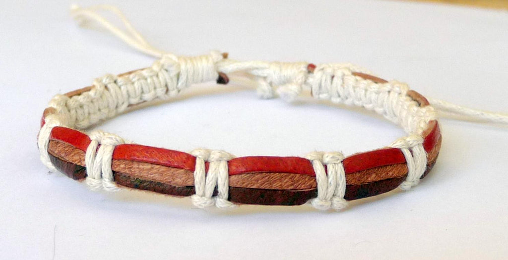 Bracelet réglable unisexe en cuir Marron et Rouge et coton ciré
