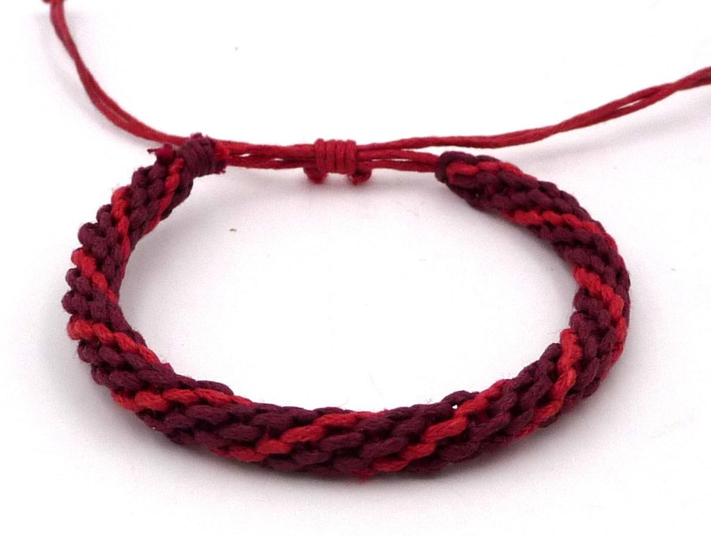 Bracelet unisexe réglable amitié porte bonheur en coton torsadé rouge et bordeaux