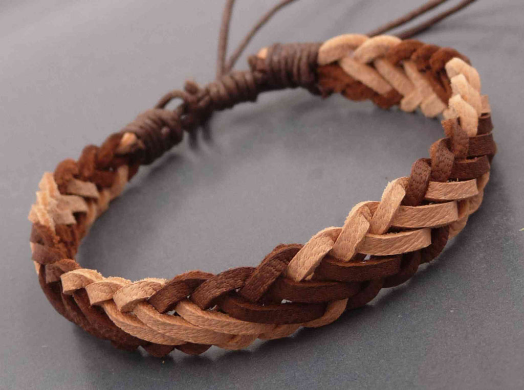 Bracelet réglable ado ou homme en cuir tressé naturel et marron chocolat