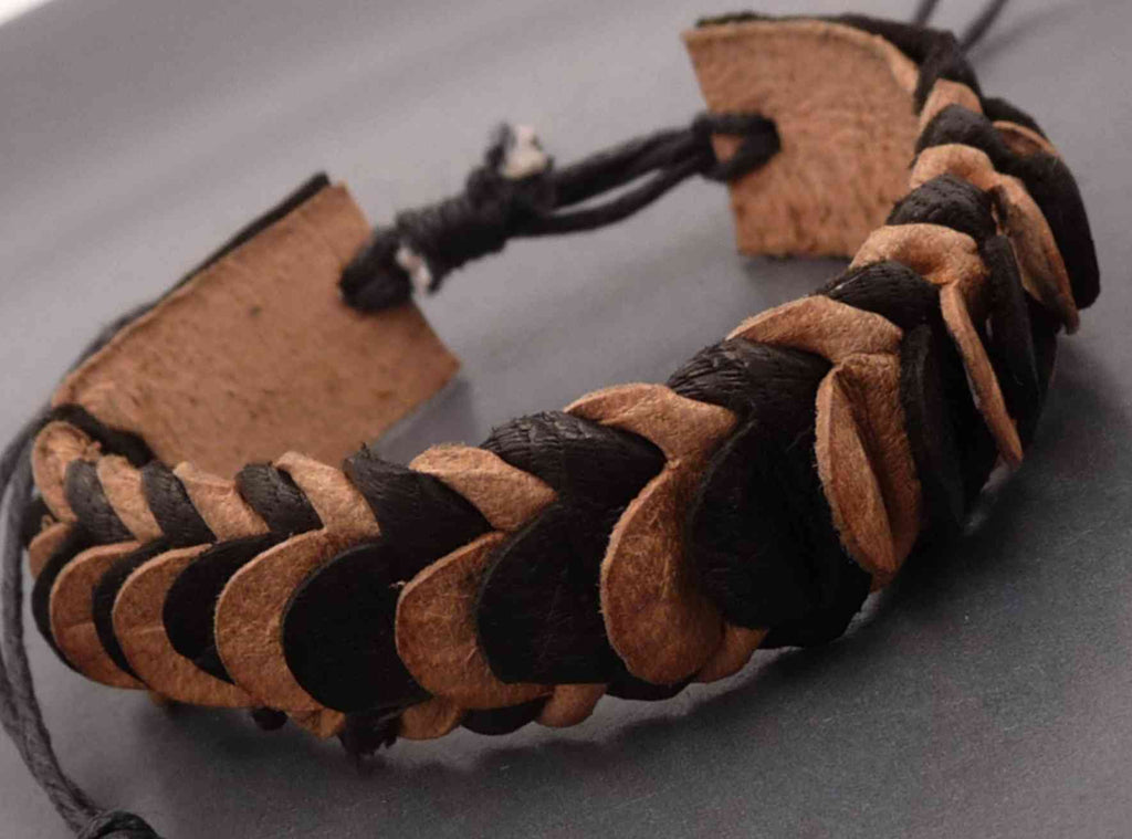 Bracelet pour ado ou homme en cuir véritable naturel et noir