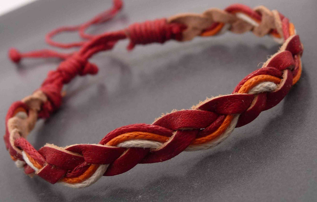 Bracelet en cuir tressé rouge et coton