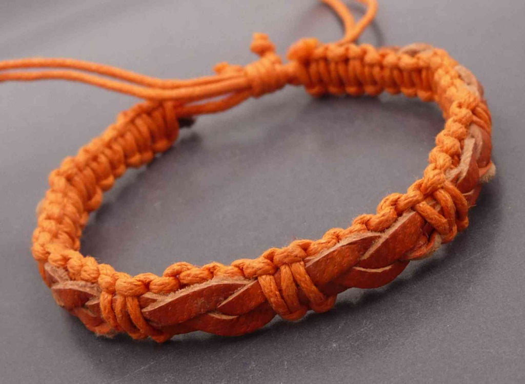 Bracelet unisexe réglable en cuir tressé orange et coton