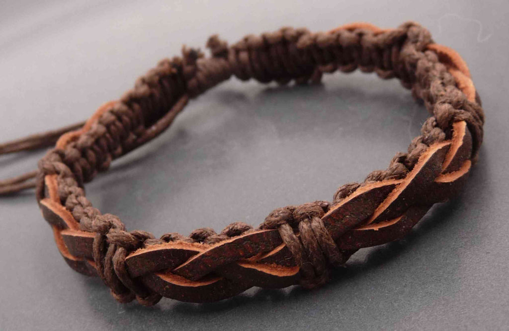 Bracelet réglable ado ou homme en cuir tressé marron chocolat et coton marron