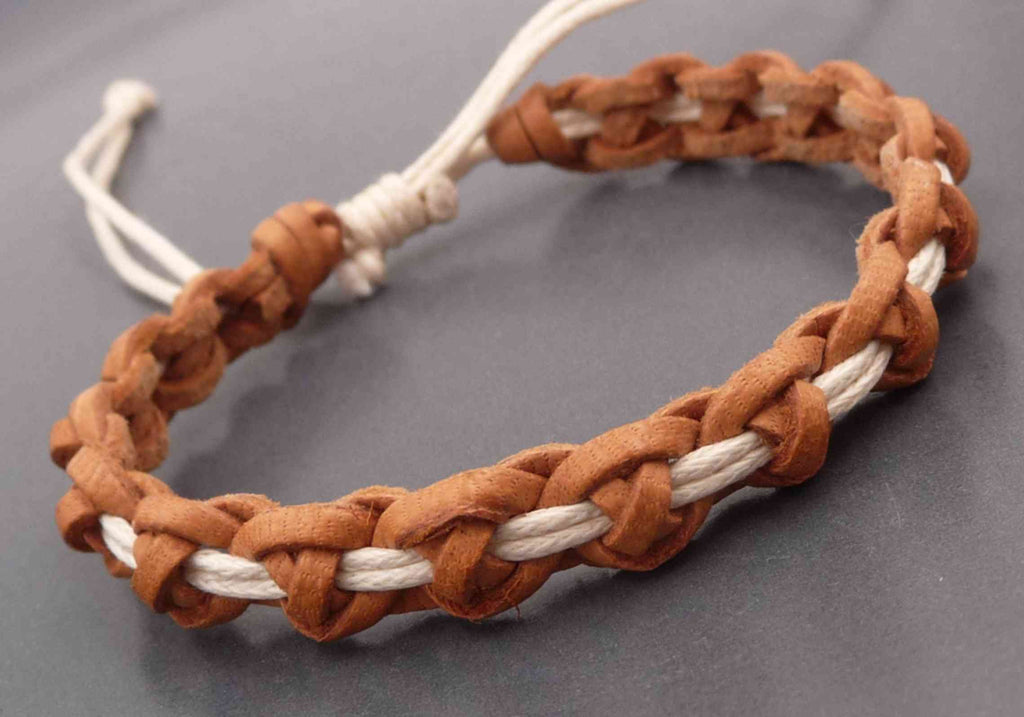 Bracelet réglable pour ado ou homme en cuir véritable naturel et coton