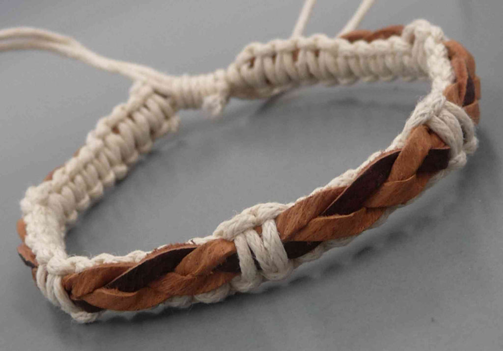 Bracelet réglable unisexe en cuir tressé naturel et marron et coton