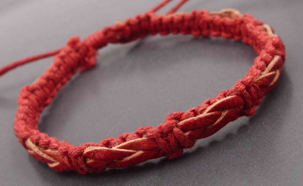 Bracelet réglable unisexe en cuir tressé rouge et coton rouge