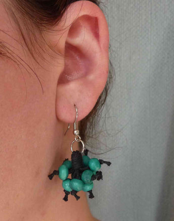  BOUCLES D'OREILLE EN BOIS PEINT BLEU TURQUOISE ET CUIR