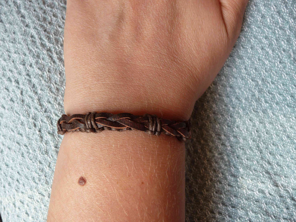 Bracelet réglable ado ou homme en cuir tressé marron chocolat et coton marron