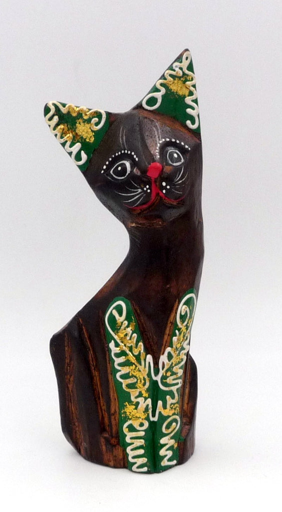 Chat vert en bois peint museau rouge 11 cm Busungbiu