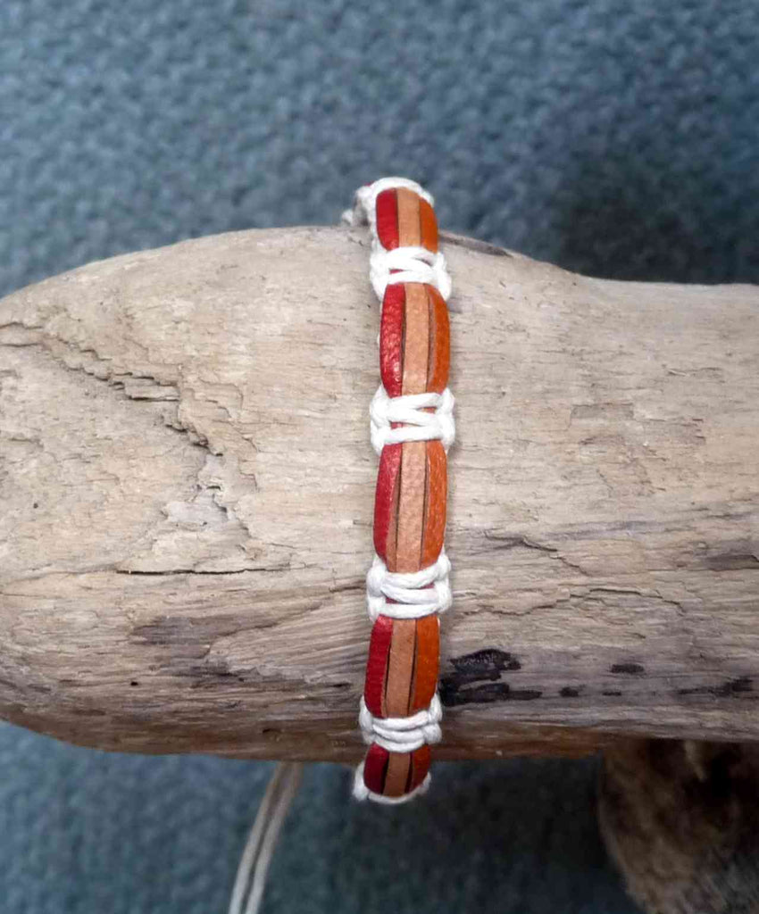 Bracelet réglable unisexe en cuir véritable rouge naturel & orange