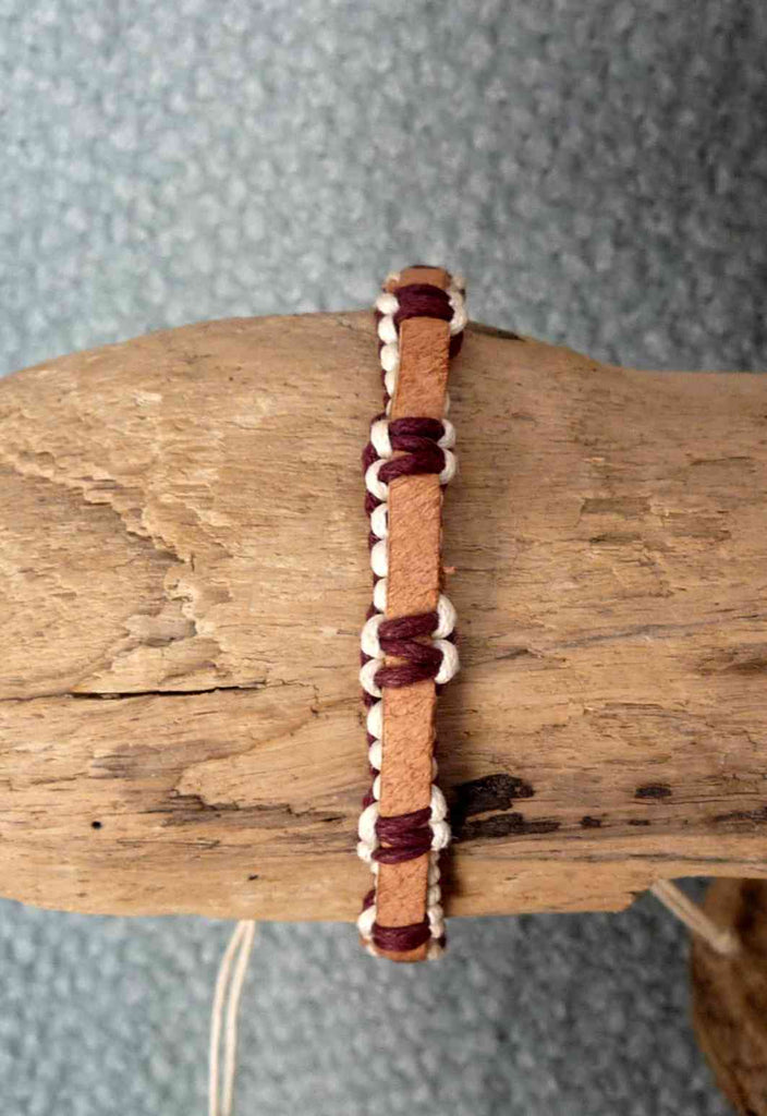 Bracelet réglable unisexe en cuir naturel et rouge et coton orange