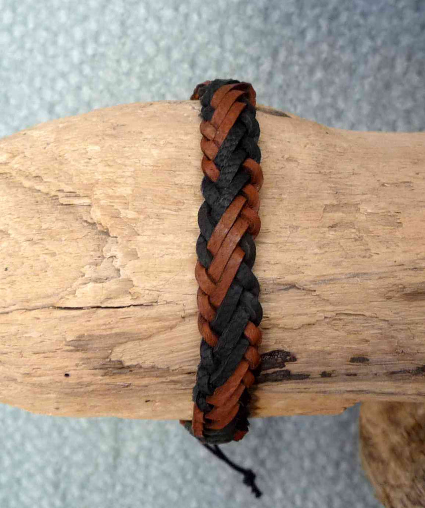 Bracelet réglable pour homme ou ado en cuir tressé marron et noir
