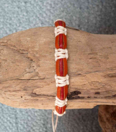Bracelet réglable unisexe en cuir rouge et orange et coton