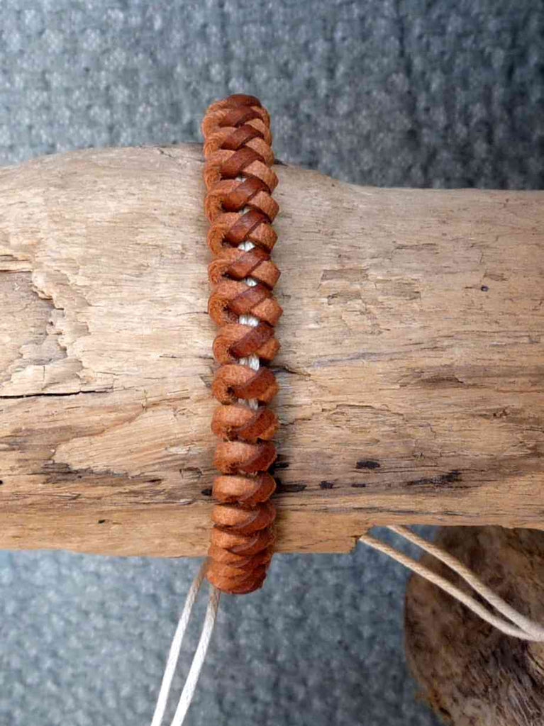 Bracelet réglable pour ado ou homme en cuir naturel et coton marron clair