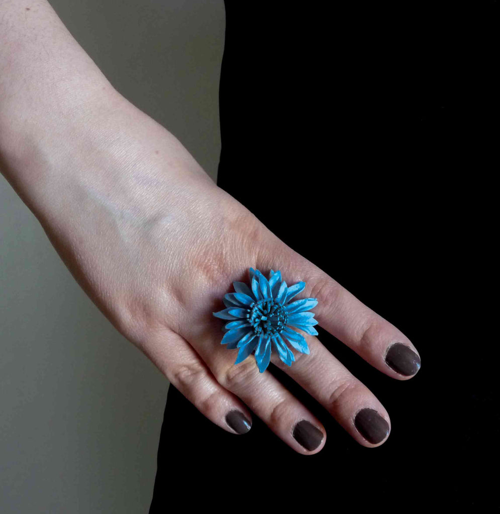  BAGUE EN CUIR FLEUR BLEU TURQUOISE TAILLE RÉGLABLE