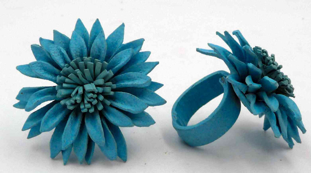  BAGUE EN CUIR FLEUR BLEU TURQUOISE TAILLE RÉGLABLE