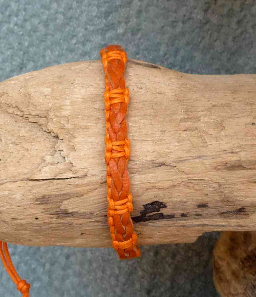 Bracelet unisexe réglable en cuir tressé orange et coton