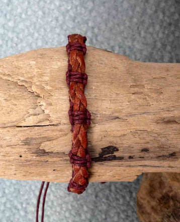 Bracelet réglable unisexe ado homme en cuir tressé marron et coton bordeaux