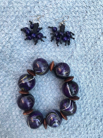 Parure bracelet + boucles d'oreilles en bois peint violet