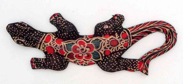 Gecko margouillat salamandre lézard en bois et batik art Java Bleu