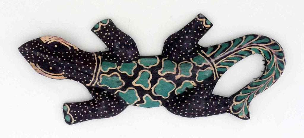 Gecko margouillat salamandre lézard en bois et batik art Java Bleu