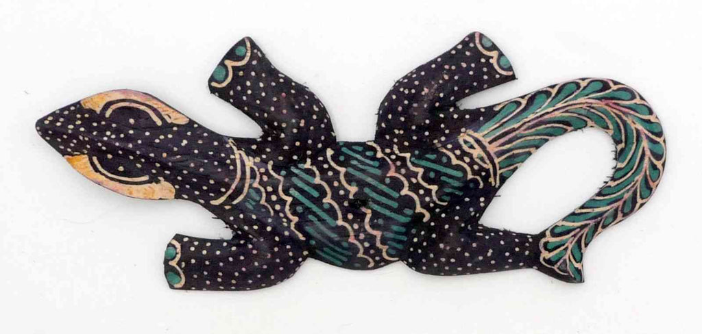 Gecko margouillat salamandre lézard en bois et batik art Java Bleu