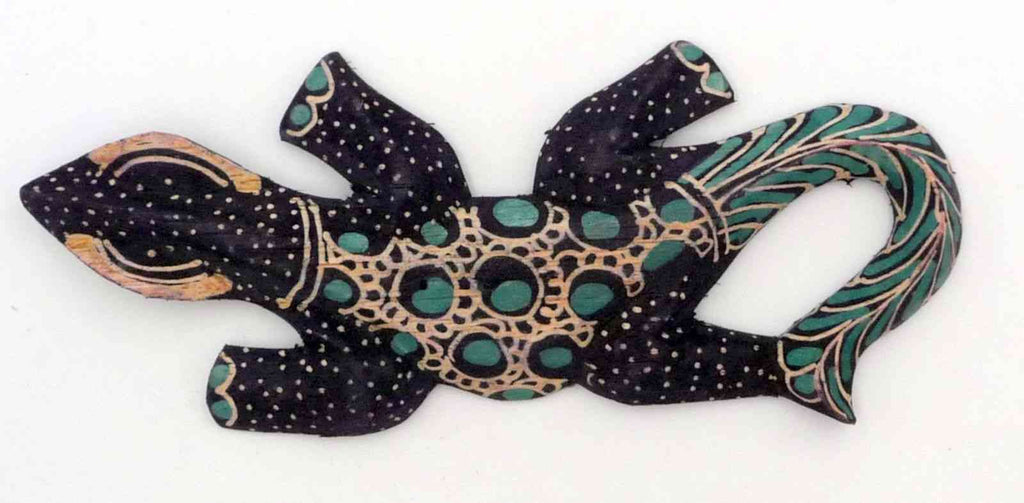 Gecko margouillat salamandre lézard en bois et batik art Java Bleu