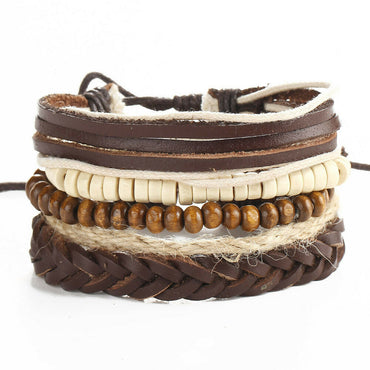Ensemble de 5 bracelets tendance pour homme en bois, cuir et corde