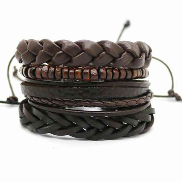 Ensemble de 5 bracelets tendance en cuir tressé et bois, Ailes d'ange.