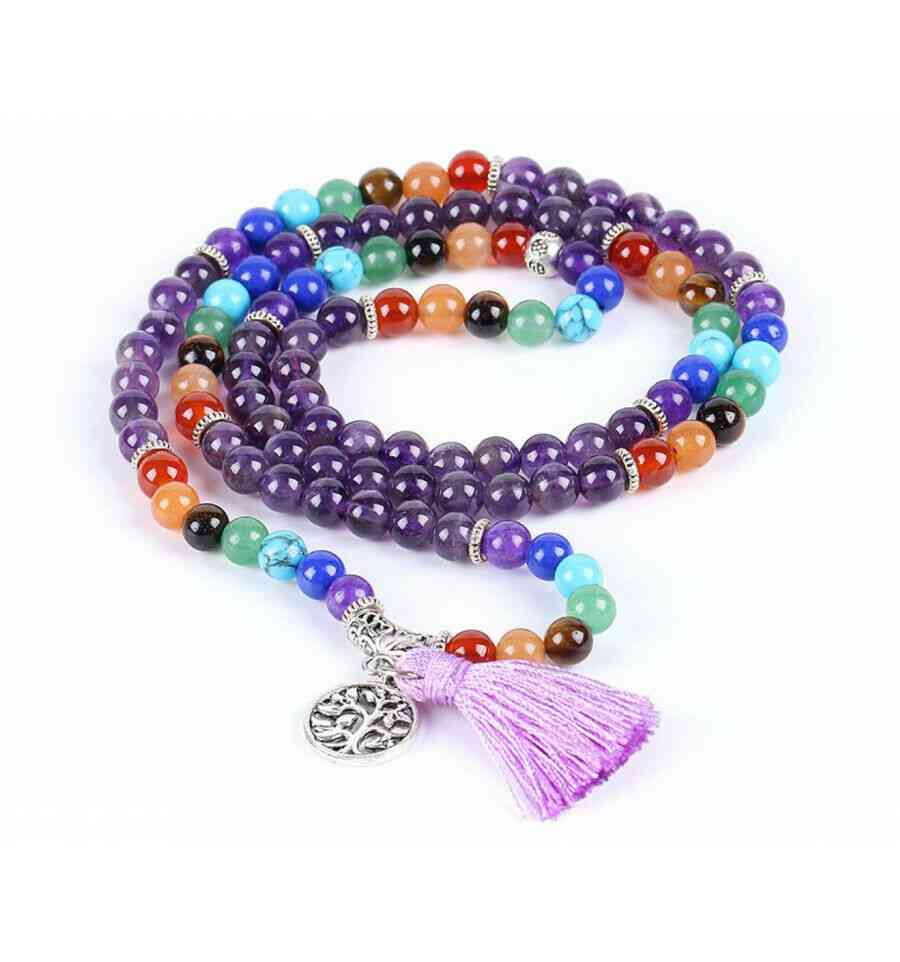 Bracelet multirang 7 chakras - Mala tibétain en Améthyste et pierres fines