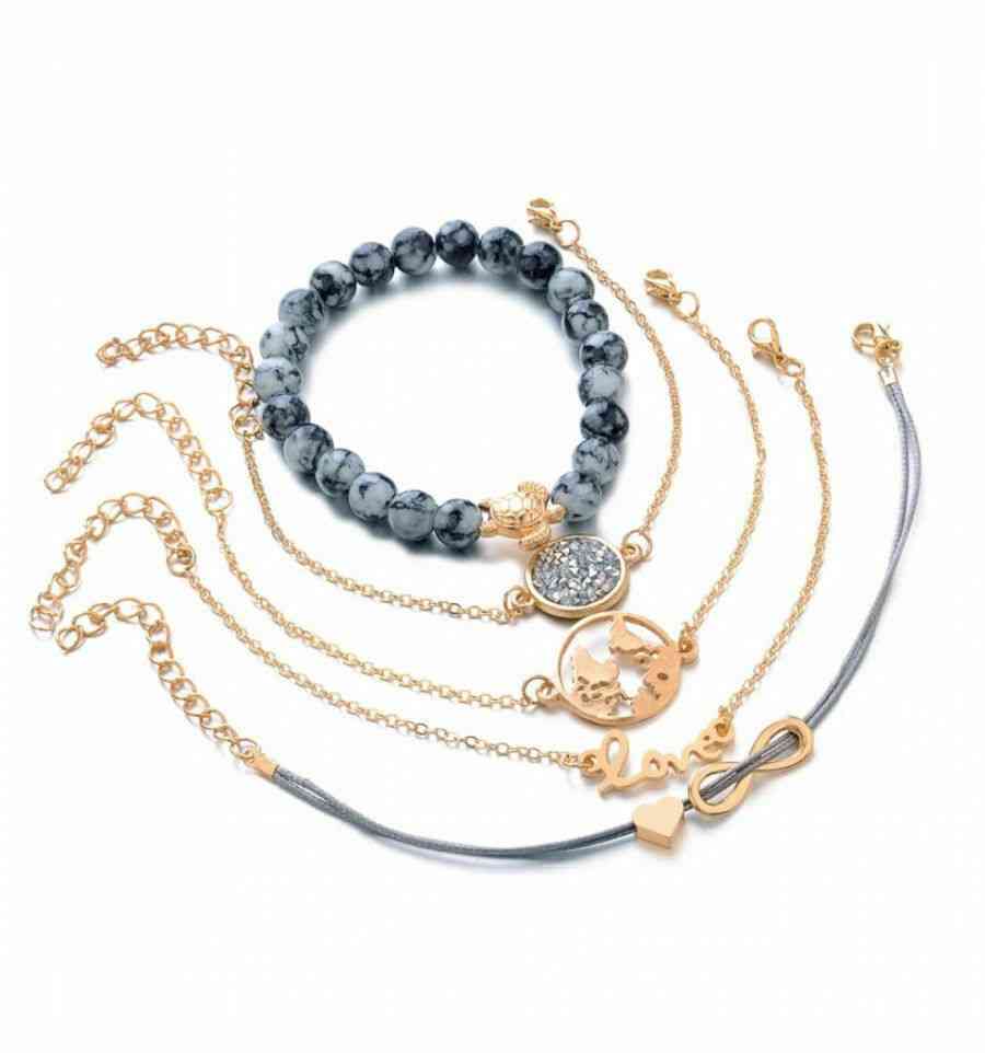 Lot de 5 bracelets style bohême en métal doré, symbole infini, tortue, amour