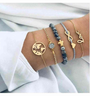 Lot de 5 bracelets style bohême en métal doré, symbole infini, tortue, amour