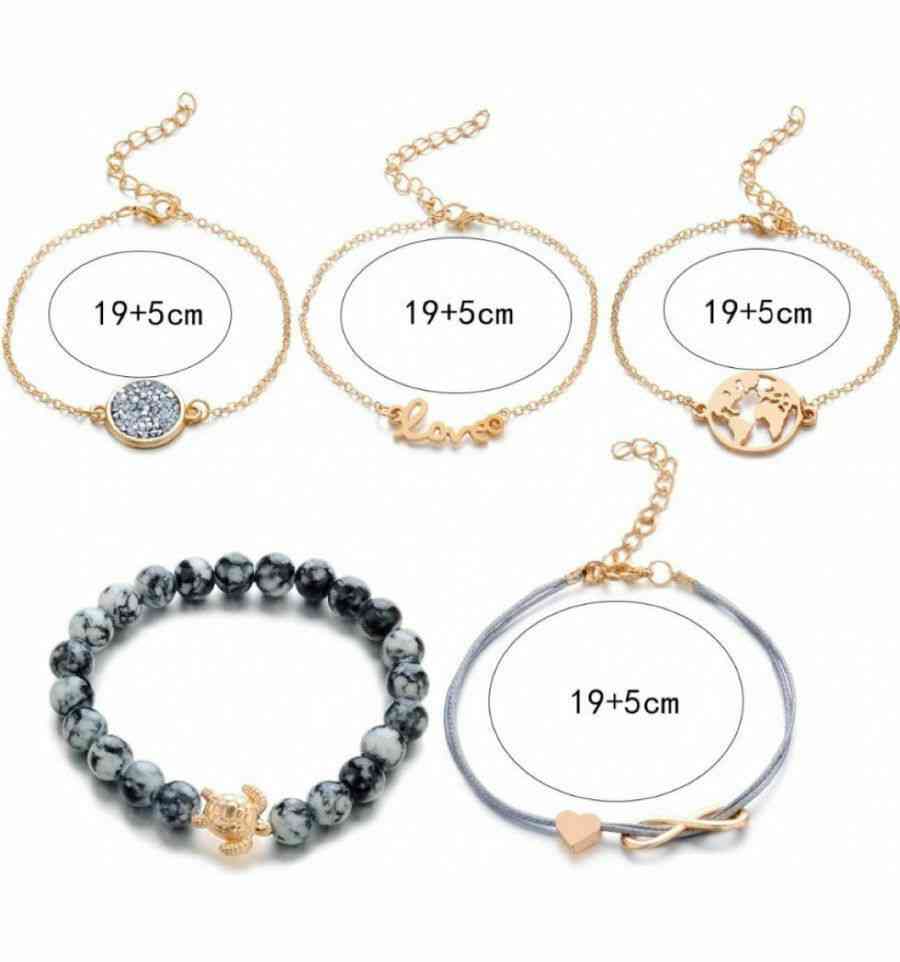 Lot de 5 bracelets style bohême en métal doré, symbole infini, tortue, amour