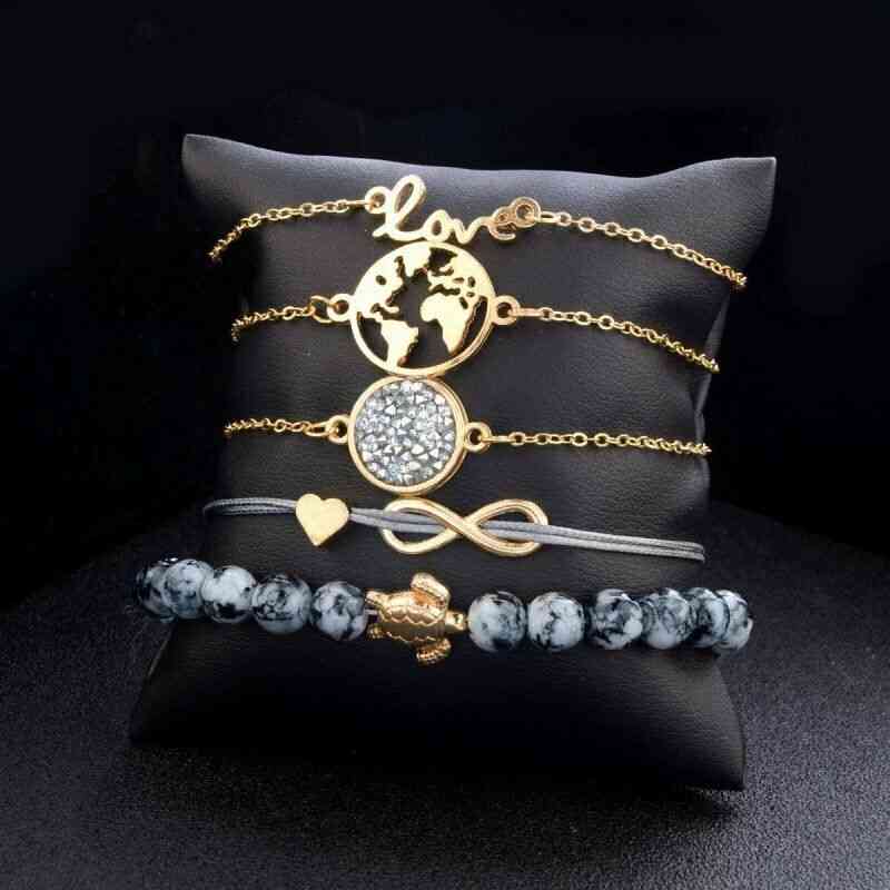 Lot de 5 bracelets style bohême en métal doré, symbole infini, tortue, amour