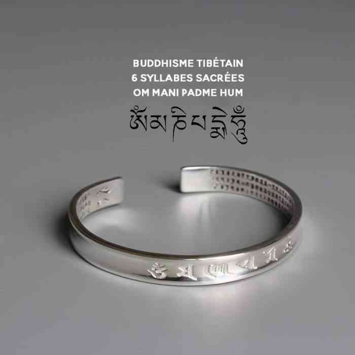 Bracelet Tibétain gravé "Om Mani Padme Hum" en cuivre blanc