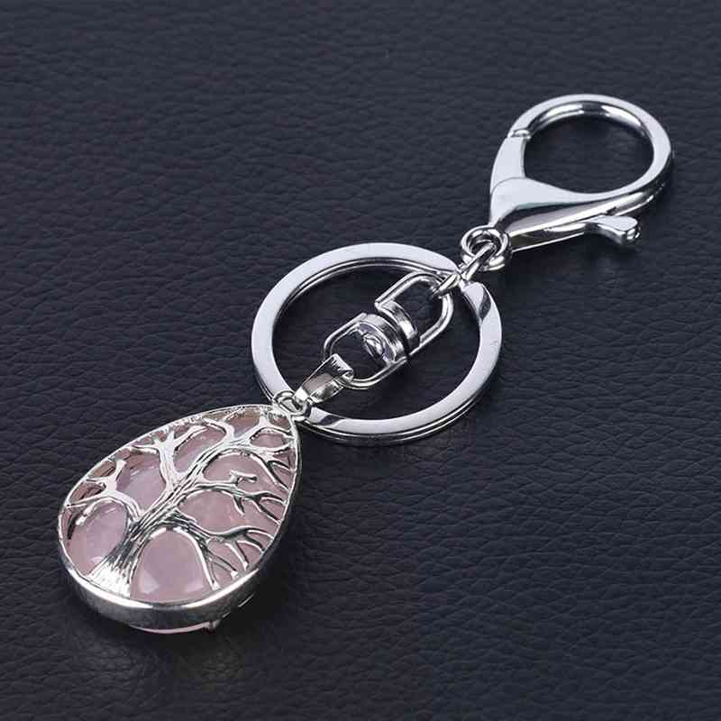 Porte-clefs / bijou de sac en Quartz Rose naturel - Arbre de vie