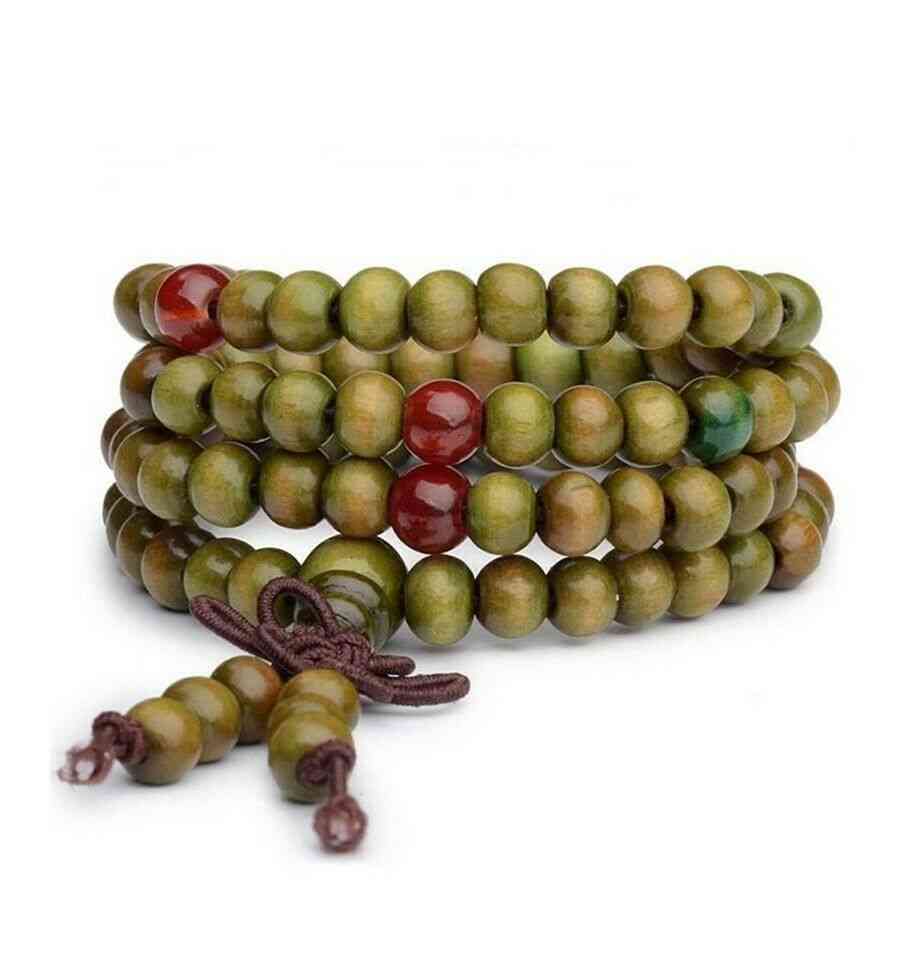 Bracelet Tibétain, Mala en perles de bois 6 mm + noeud sans fin. Coloris vert.