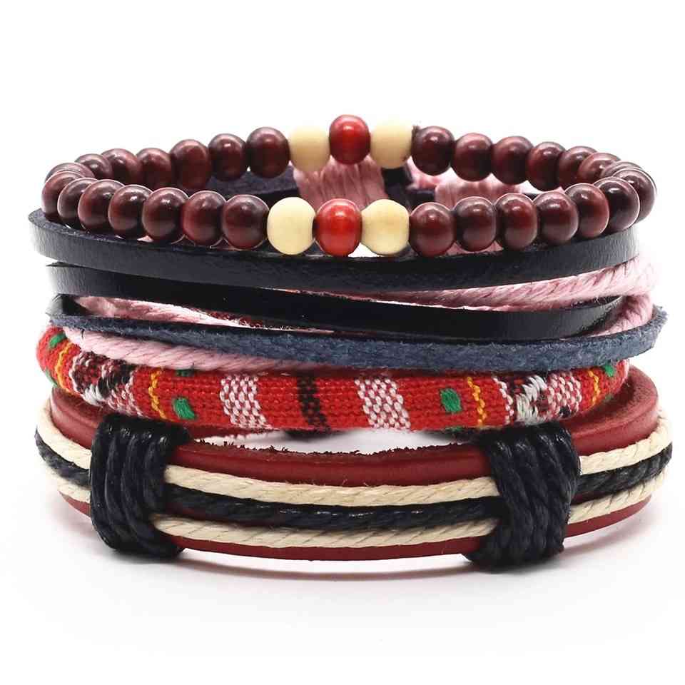 Ensemble de 4 bracelets ethniques pour homme/femme en cuir, coton et bois