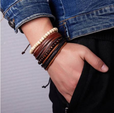 Ensemble de 4 bracelets tendance pour homme en cuir et bois