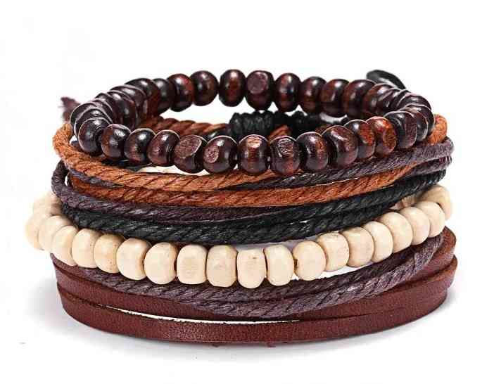 Ensemble de 4 bracelets tendance pour homme en cuir et bois