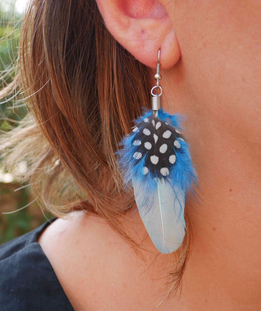 Boucles d'oreilles country en plumes véritables bleu turquoise